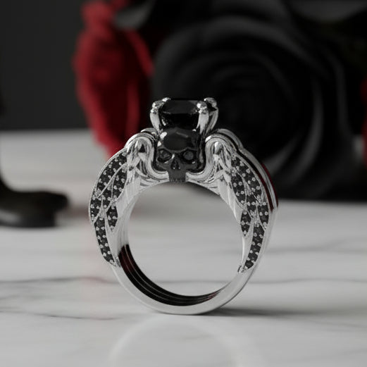 Eternal Love Rings- Round Cut Diamond Skull Engagement Ring in 14k White Gold-Black Diamonds New York