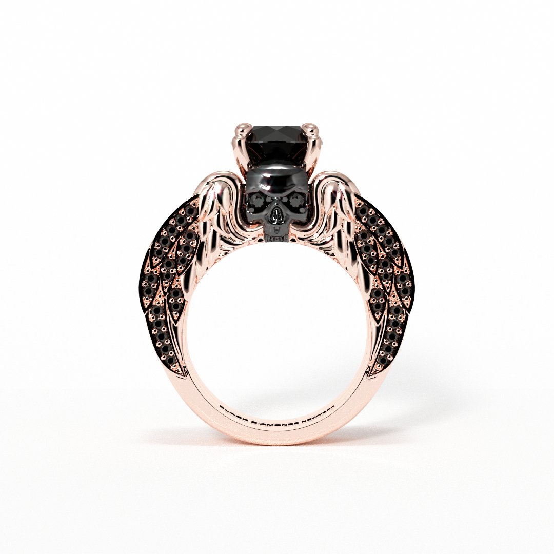 Eternal Love Rings- Round Cut Diamond Skull Engagement Ring in 14k White Gold-Black Diamonds New York