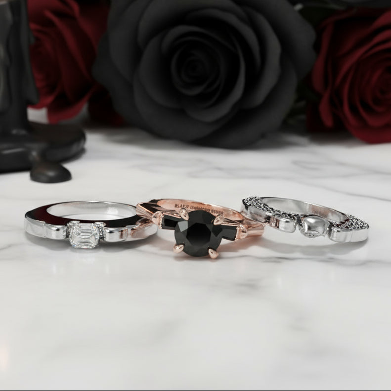 Eternal Love Rings- Round Cut Diamond Skull Engagement Ring in 14k White Gold-Black Diamonds New York