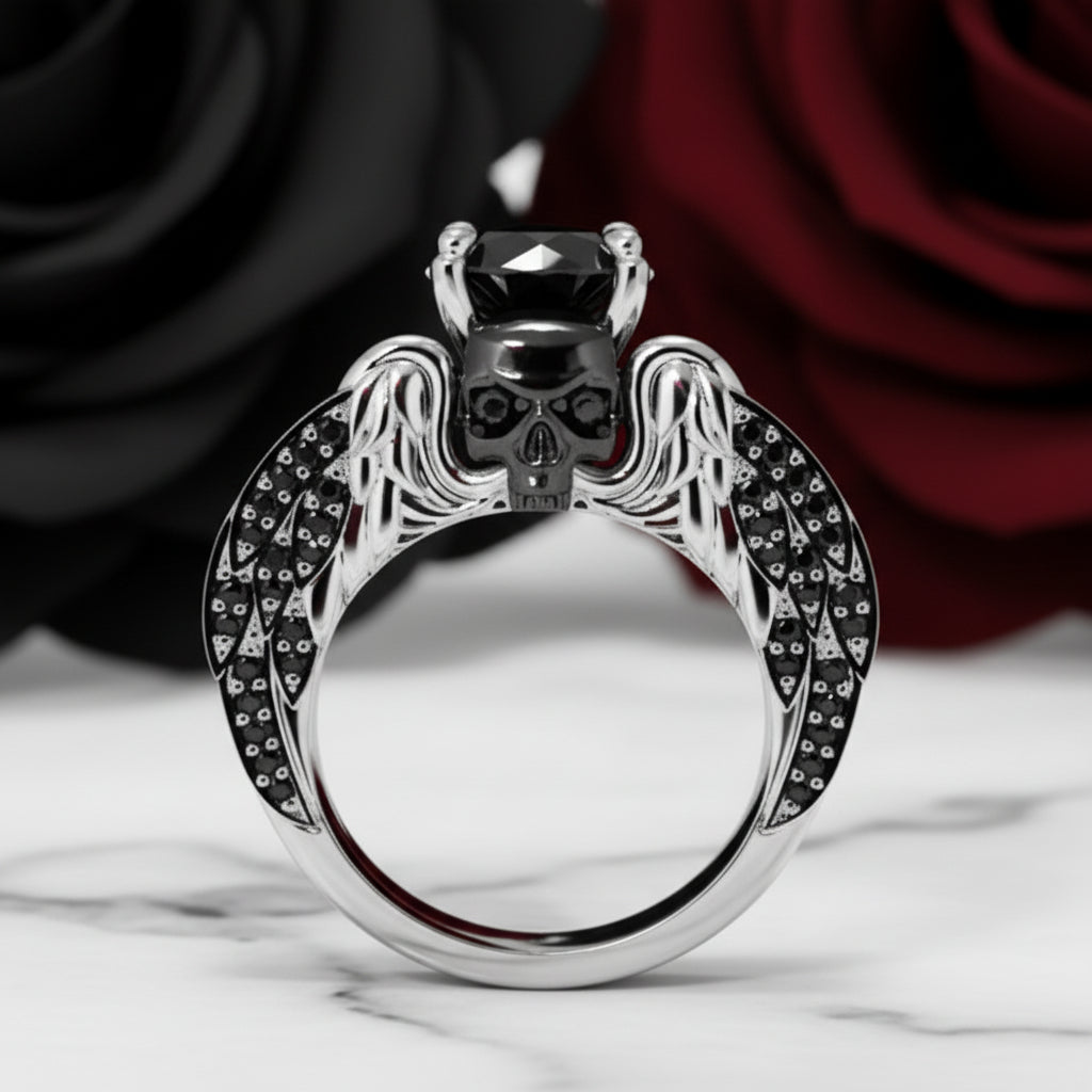 Eternal Love Rings- Round Cut Diamond Option Skull Engagement Ring in 14k White Gold-Black Diamonds New York