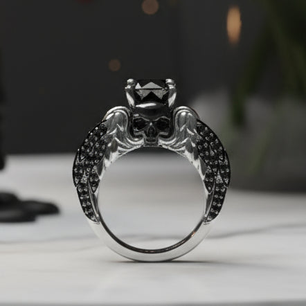 Eternal Love Rings- Round Cut Diamond Skull Engagement Ring in 14k White Gold-Black Diamonds New York