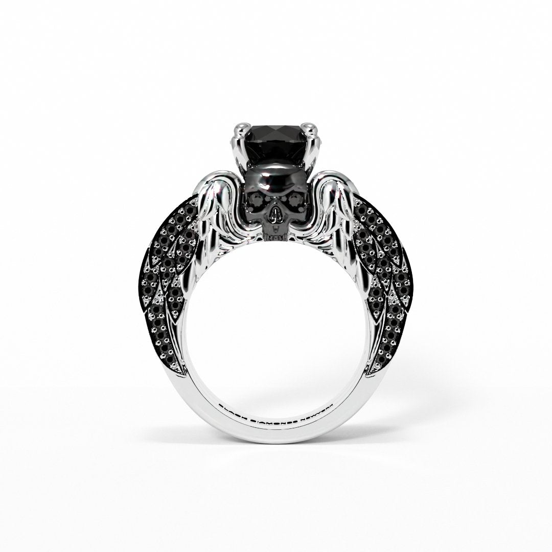 Eternal Love Rings- Round Cut Diamond Skull Engagement Ring in 14k White Gold - Black Diamonds New York