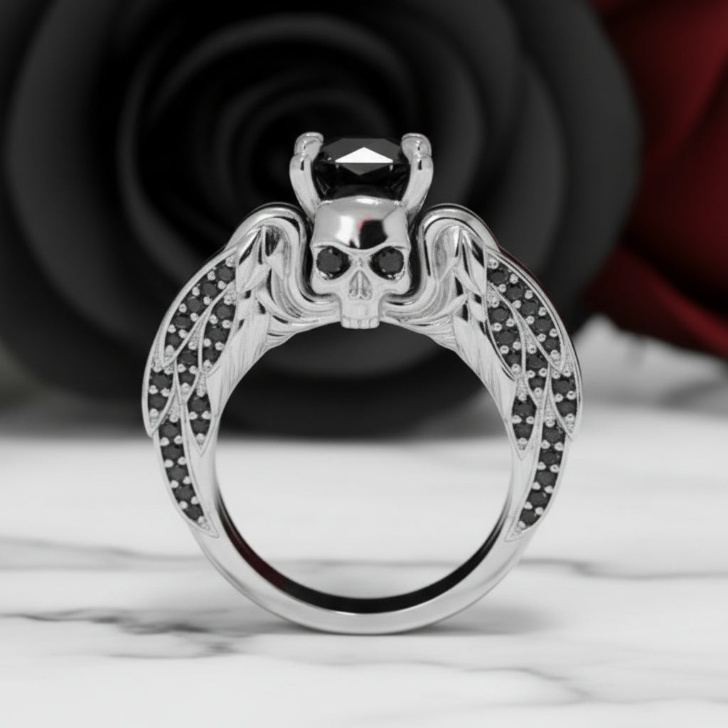 Eternal Love Rings- Round Cut Diamond Option Skull Engagement Ring in 14k White Gold-Black Diamonds New York