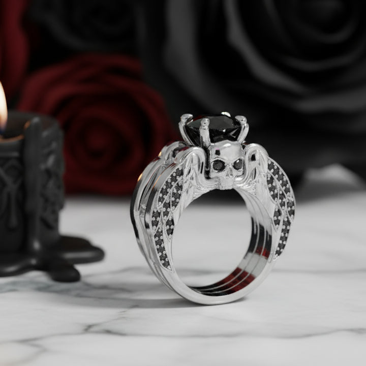 Eternal Love Rings- Round Cut Diamond Skull Engagement Ring in 14k White Gold-Black Diamonds New York