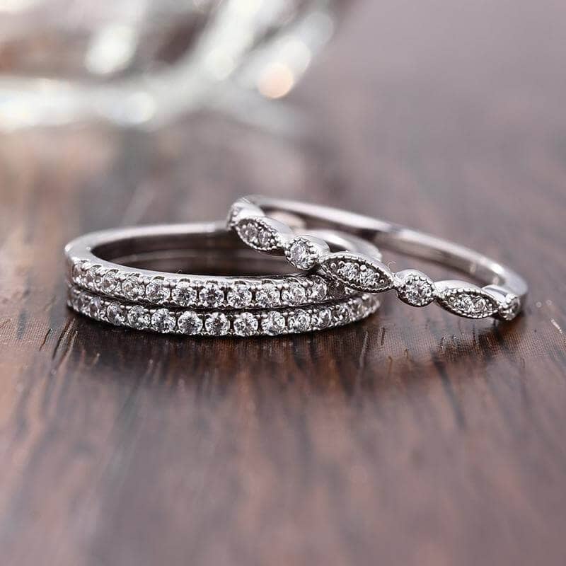 Eternity 3PC Stacking Wedding Band Set In White Gold Plated-Black Diamonds New York