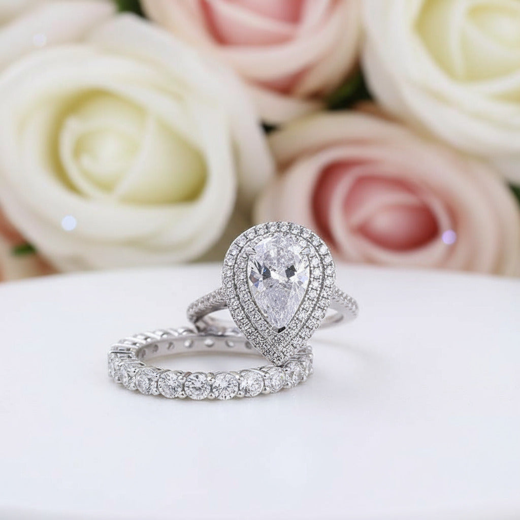 Eternity Double Halo Pear Cut Wedding Set-Black Diamonds New York