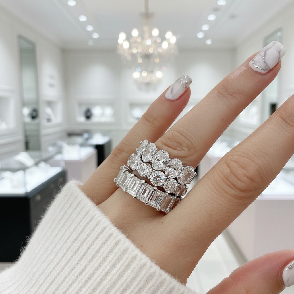 Eternity Emerald & Round & Oval Cut Wedding Band Set-Black Diamonds New York