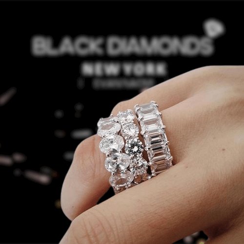 Eternity Emerald & Round & Oval Cut Wedding Band Set-Black Diamonds New York