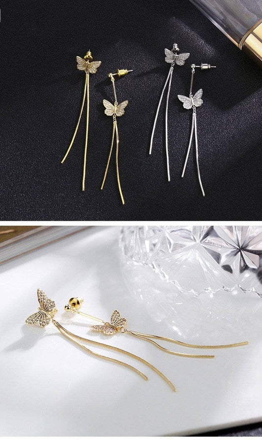 Created Diamond Asymmetrical Long Butterfly Earrings-Black Diamonds New York