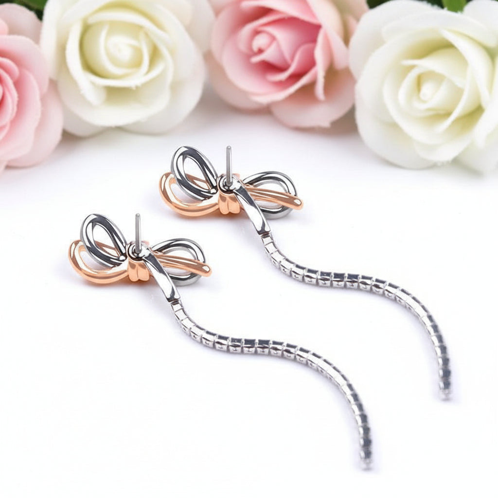 Round Diamond Bow Tassel Temperamental Long Earrings-Black Diamonds New York