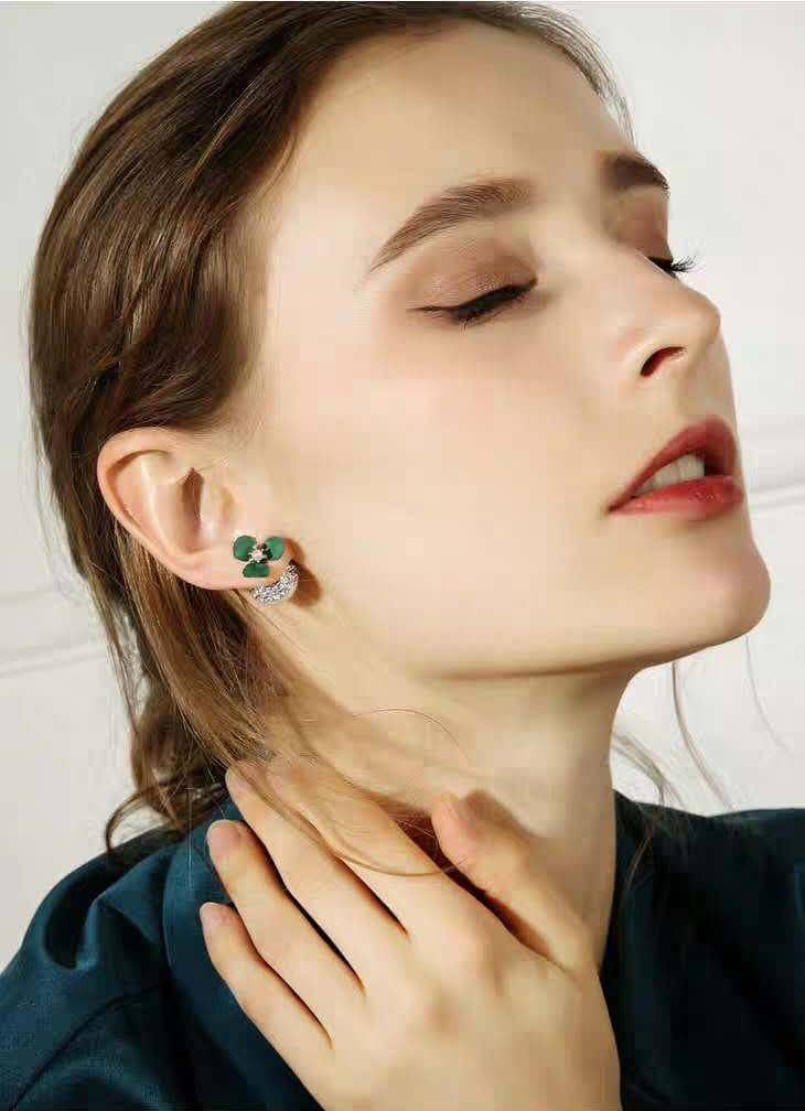 CVD DIAMOND Deep Green Flower Double-sided Pearl Earrings