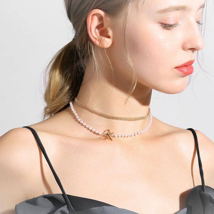EVN Diamond Double Chain Pearl Bow Collarbone Necklace-Black Diamonds New York