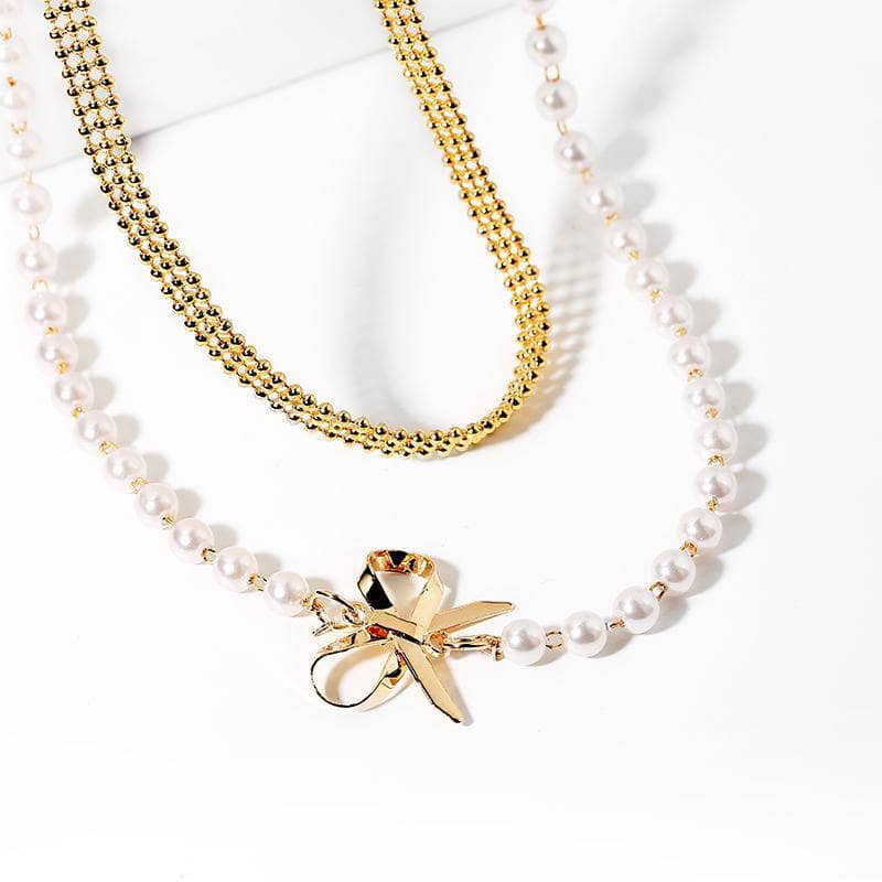 EVN Diamond Double Chain Pearl Bow Collarbone Necklace-Black Diamonds New York
