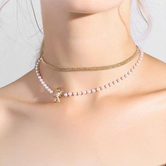 CVD Diamond Double Chain Pearl Bow Collarbone Necklace