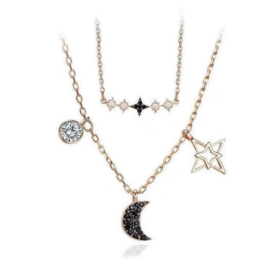Created Diamond Double Layers Star and Moon Necklace-Black Diamonds New York