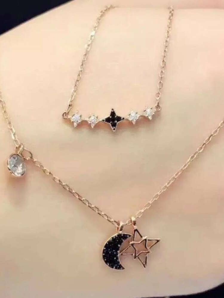 EVN™ Diamond Double Layers Star and Moon Necklace-Black Diamonds New York