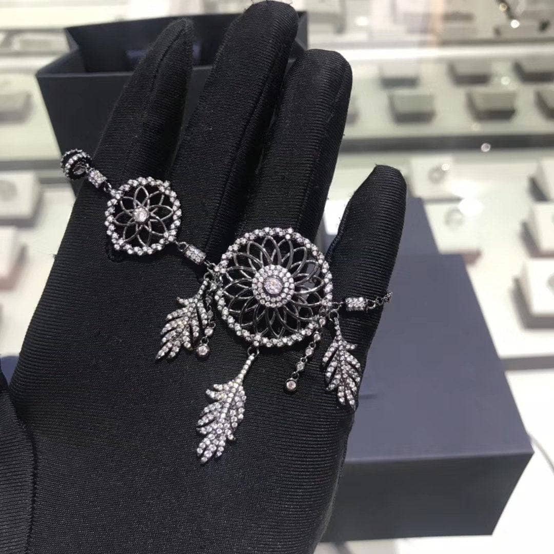 Created Diamond Option Dream Catcher Feather Long Tassel Bracelet HINDI MAHANAP-Black Diamonds New York