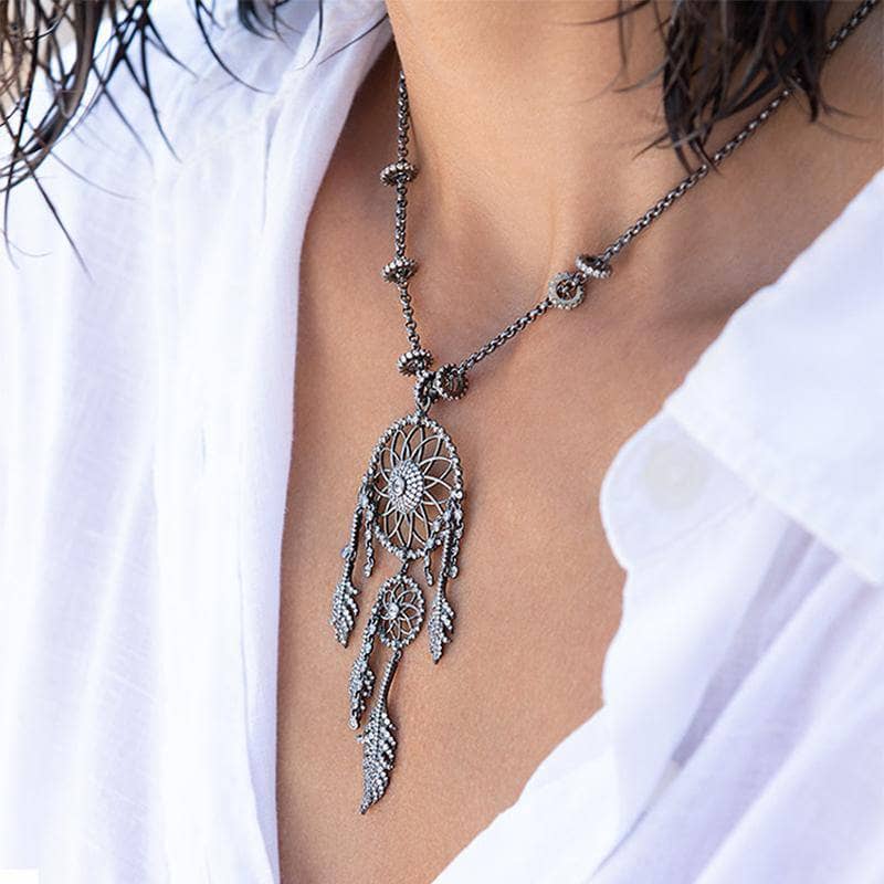 Created Diamond Option Dream Catcher Feather Long Tassel Necklace NOT EXISTING-Black Diamonds New York