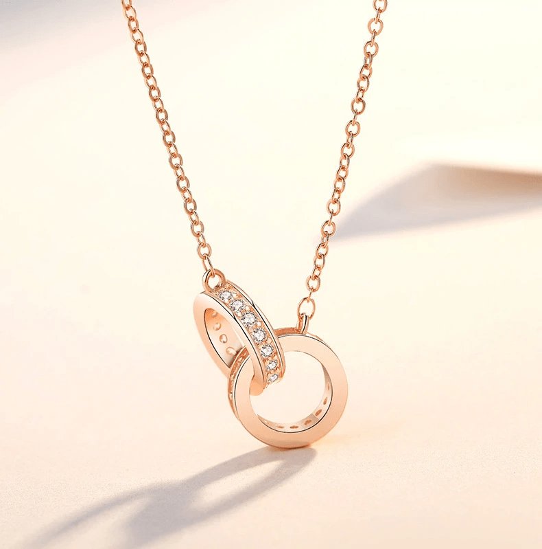 Sterling Silver Rainbow CZ Double Linked Circle Necklace - Rose Gold P