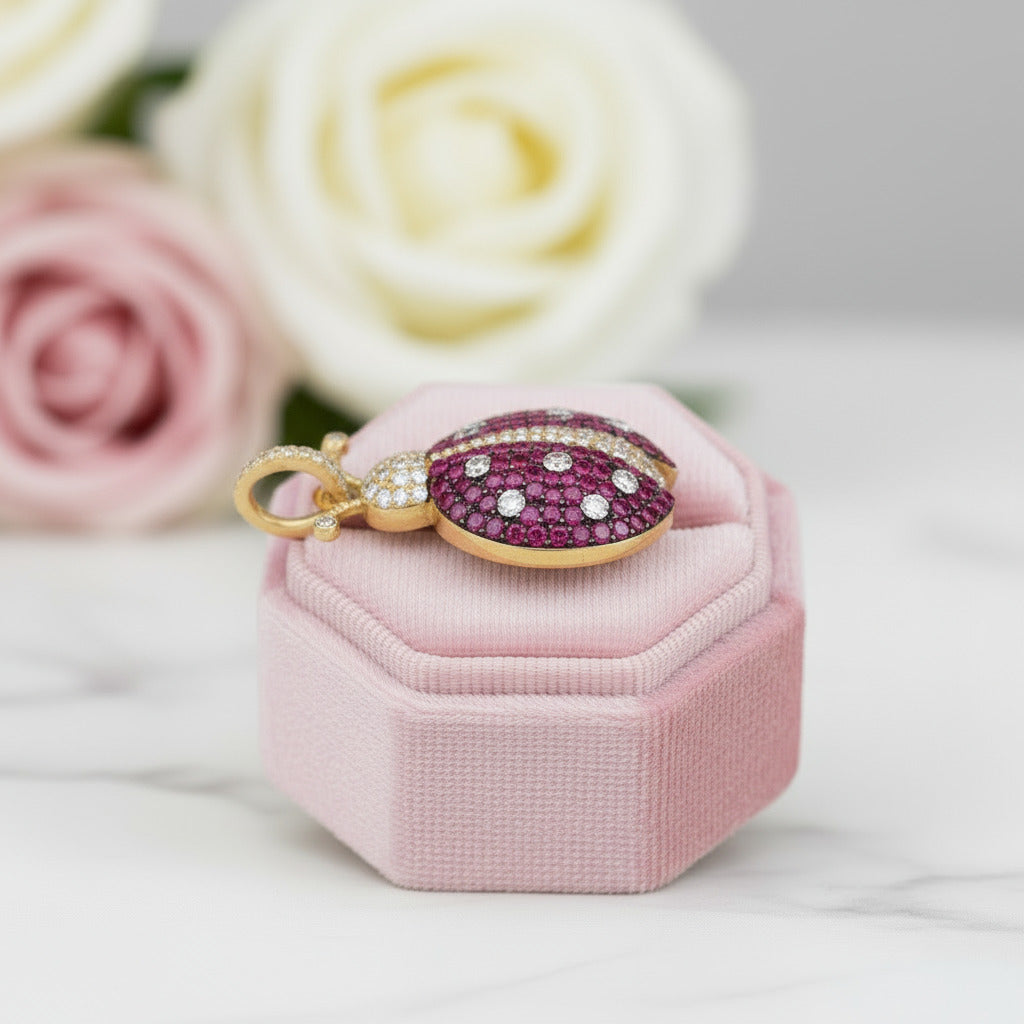 Pink Diamond Ladybird Shape Asymmetric Earrings-Black Diamonds New York