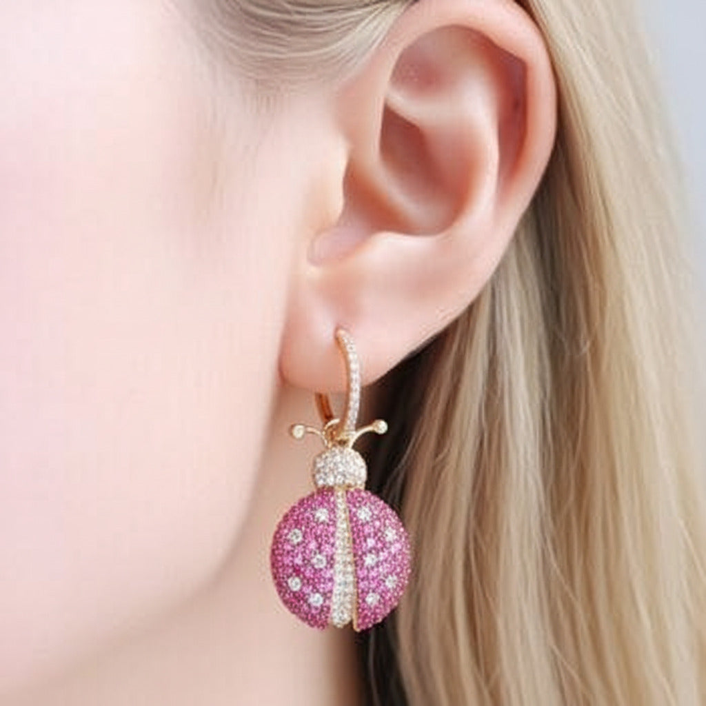 Pink Diamond Ladybird Shape Asymmetric Earrings-Black Diamonds New York