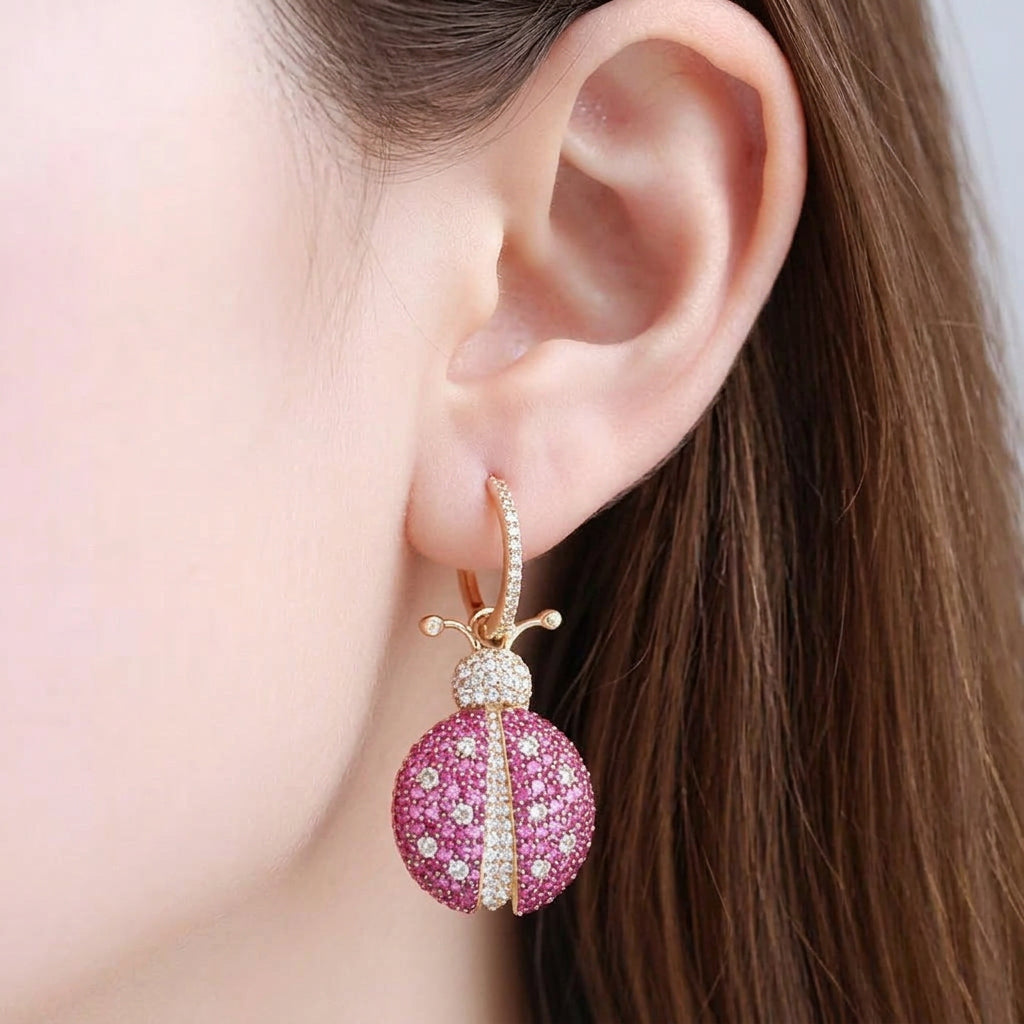 Pink Diamond Option Ladybird Shape Asymmetric Earrings-Black Diamonds New York
