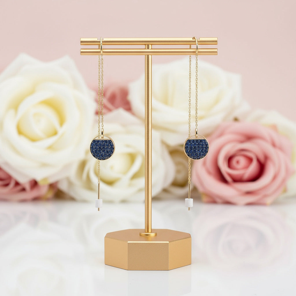 Diamond Long Fashionable Round Racket Shaped Drop Earrings-Black Diamonds New York