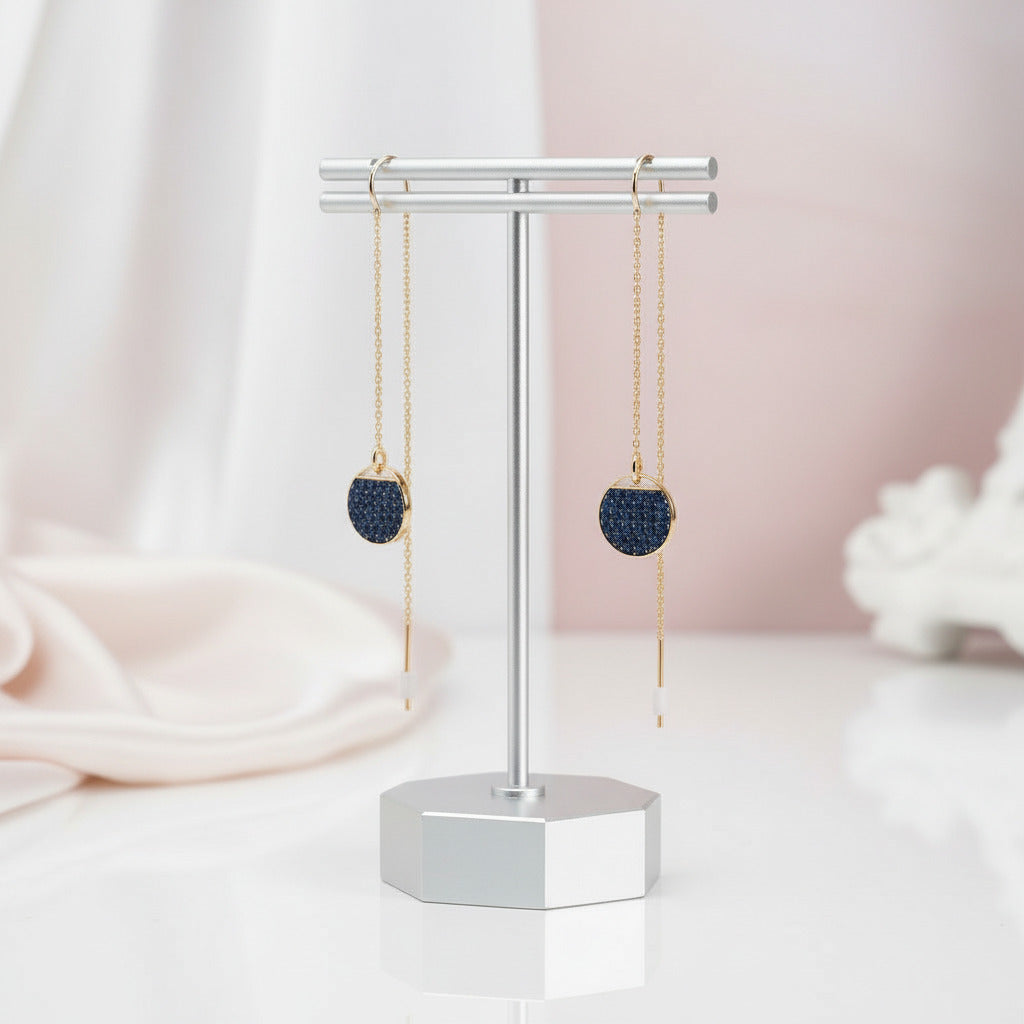 Diamond Option Long Fashionable Round Racket Shaped Drop Earrings-Black Diamonds New York