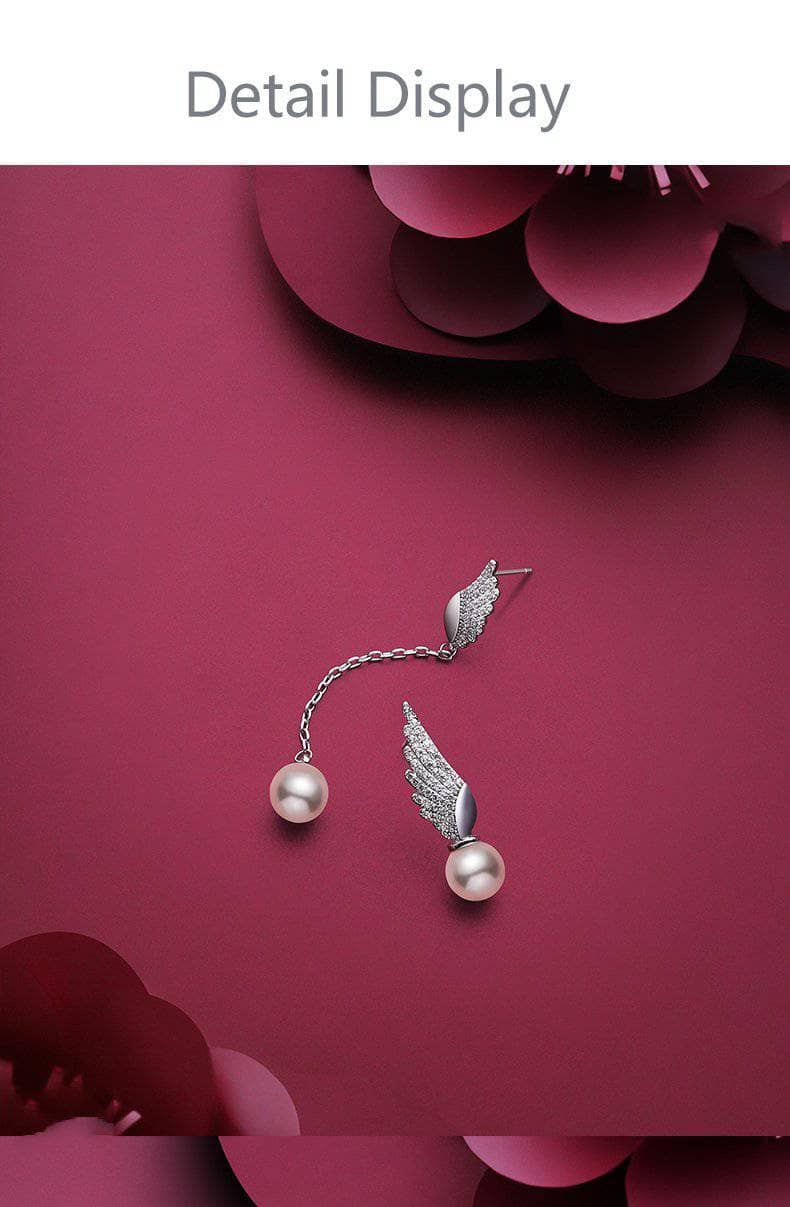 Created Diamond Pearl & Wing Angel Asymmetric Earrings-Black Diamonds New York