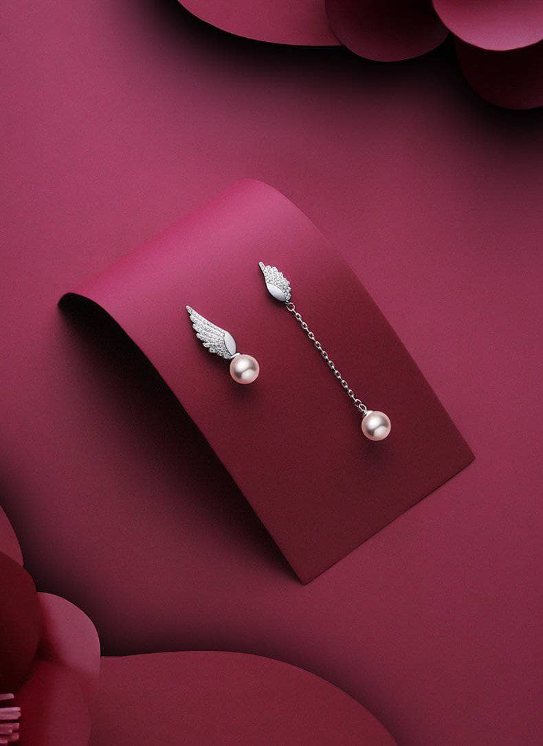 EVN™ Diamond Pearl & Wing Angel Asymmetric Earrings-Black Diamonds New York