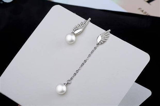 Created Diamond Pearl & Wing Angel Asymmetric Earrings-Black Diamonds New York