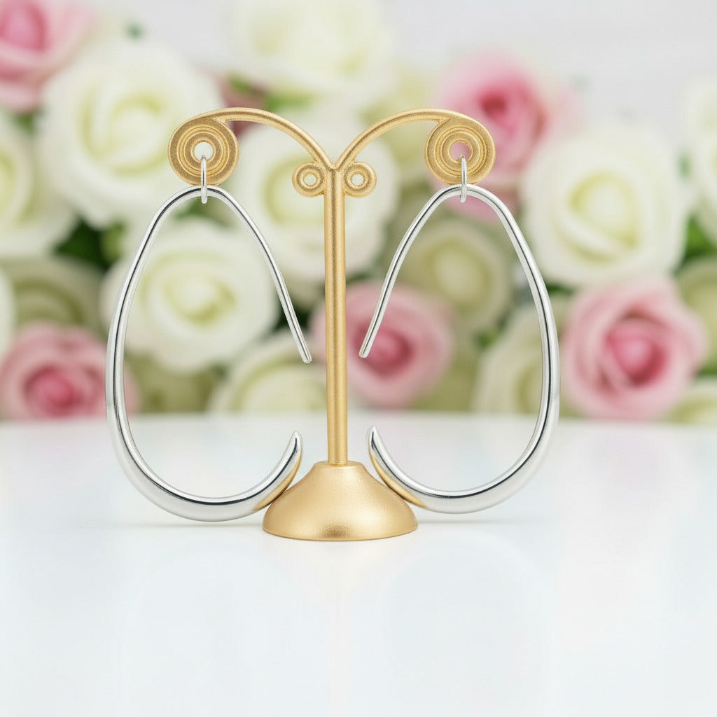 Simple Design of Elliptical Metal Earrings-Black Diamonds New York