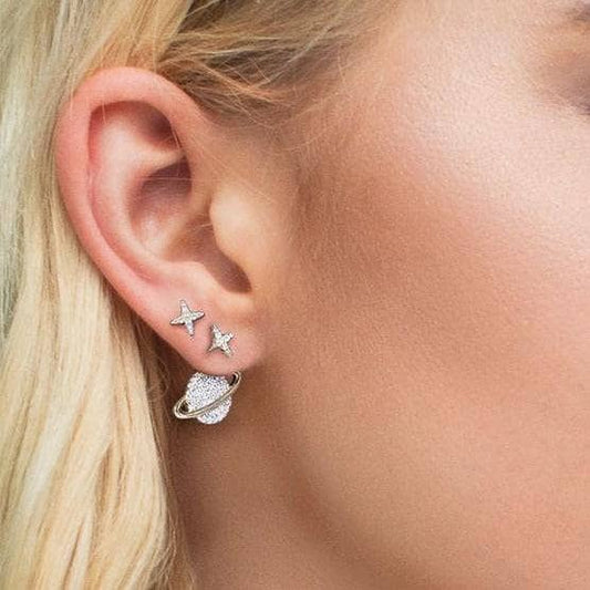 Created Diamond Studded Planet Asymmetric Earrings-Black Diamonds New York