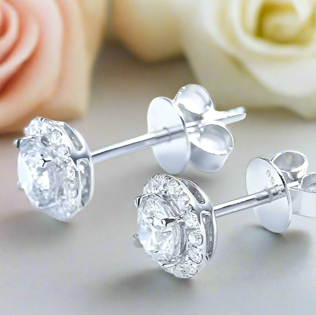 Four Prong Round Diamond Belle Dame Halo Earrings-Black Diamonds New York