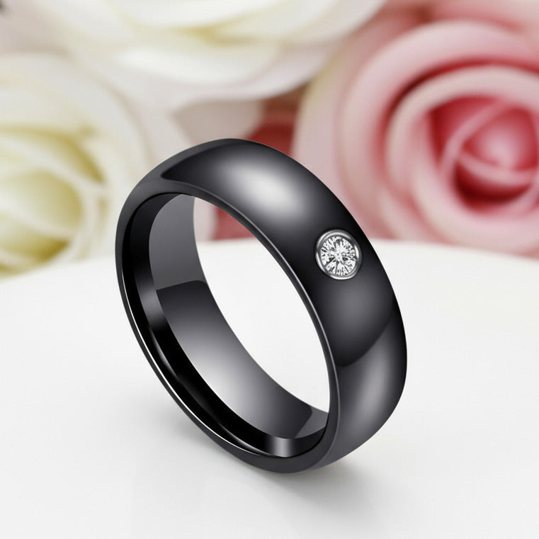 6mm Ceramic Wedding Band with Round Diamond-Black Diamonds New York