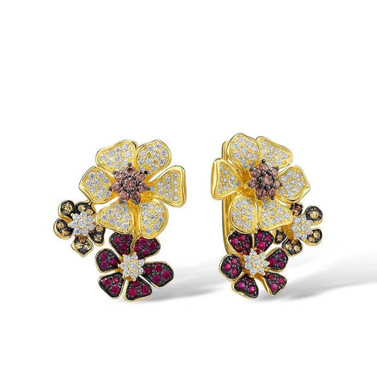 Created Diamond & Created Ruby Flower Earrings-Black Diamonds New York