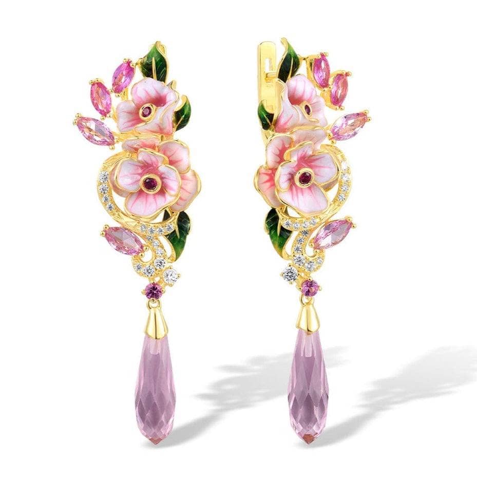 EVN Stone Pink Enamel Flower Drop Earrings-Black Diamonds New York