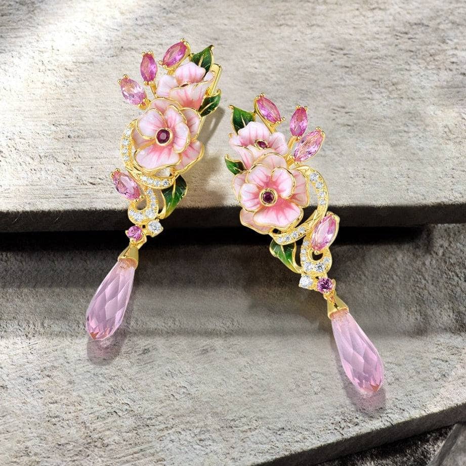 EVN Stone Pink Enamel Flower Drop Earrings-Black Diamonds New York