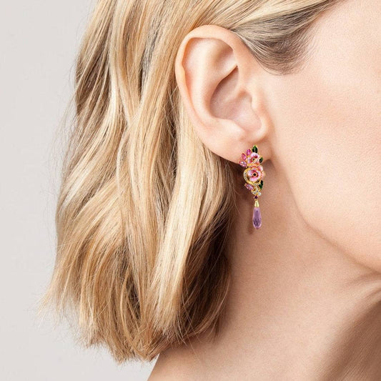Created Diamond Pink Enamel Flower Drop Earrings-Black Diamonds New York