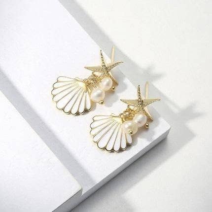 CVD DIAMOND Unique Starfish Scallop Pearl Earrings