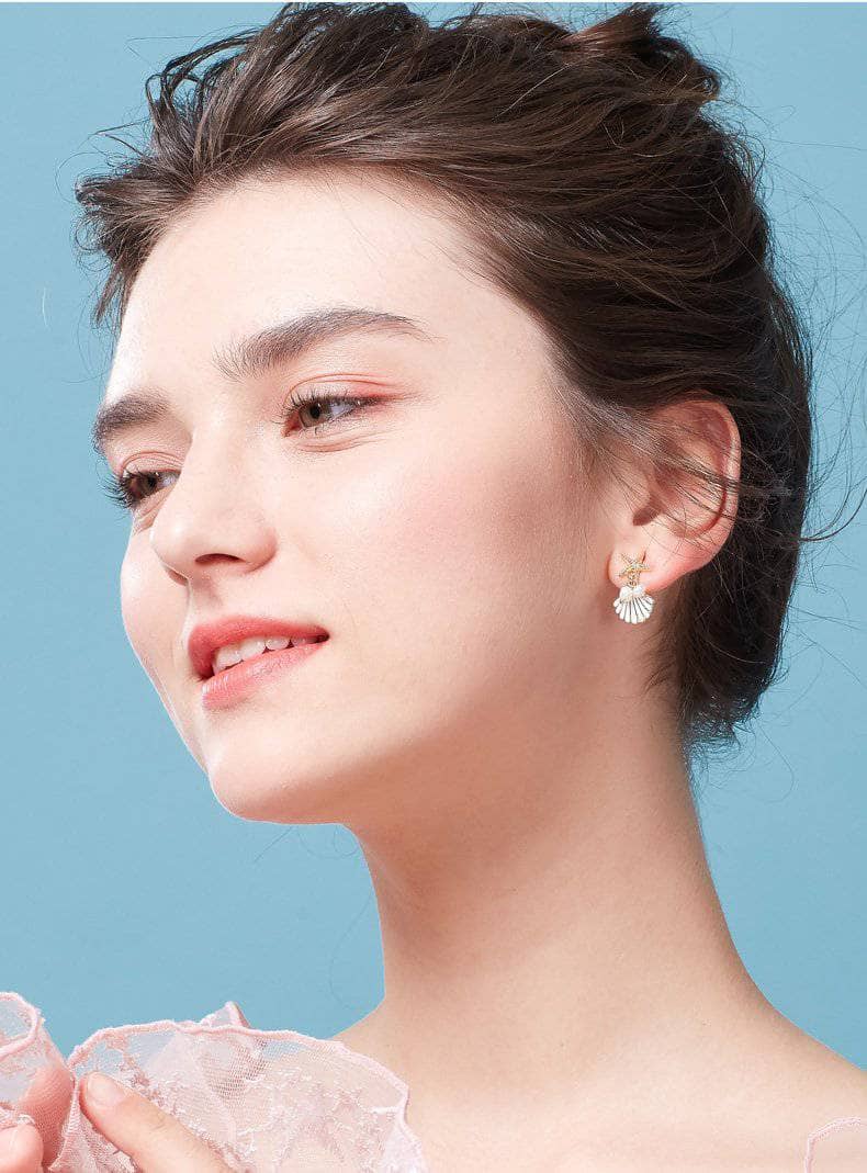Created Diamond Unique Starfish Scallop Pearl Earrings-Black Diamonds New York