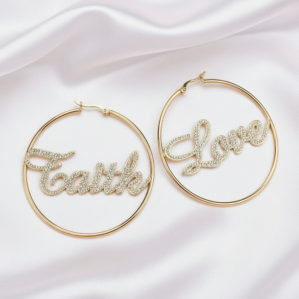 Diamond Nameplate Custom Hoop Earrings-Black Diamonds New York