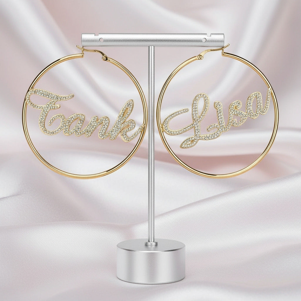 Diamond Option Nameplate Custom Hoop Earrings-Black Diamonds New York