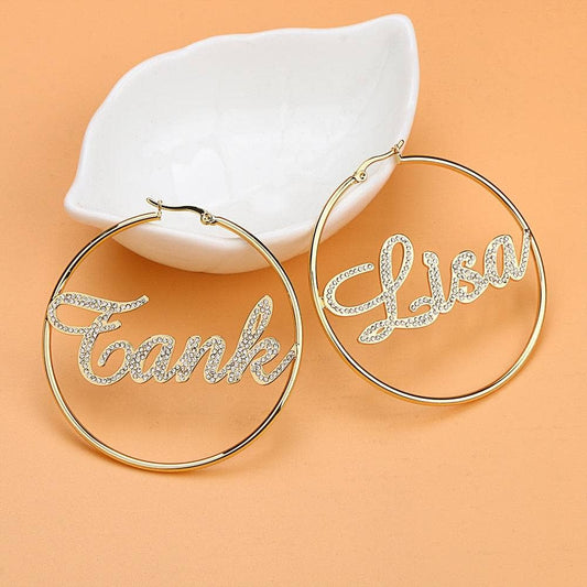 EVN Stones Nameplate Custom Hoop Earrings - Black Diamonds New York