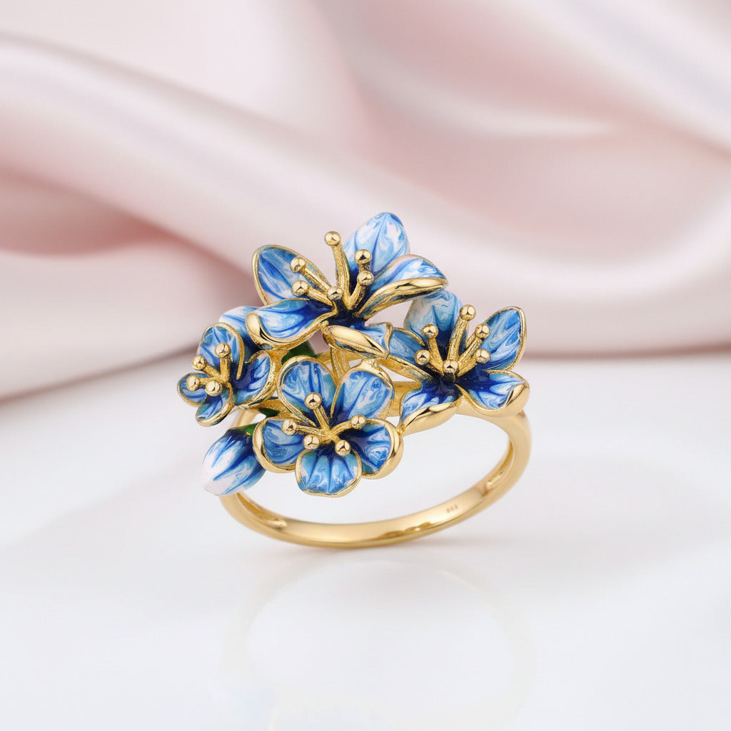 Exquisite Enamel Flower Ring-Black Diamonds New York