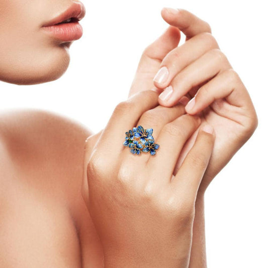 Exquisite Enamel Flower Ring-Black Diamonds New York