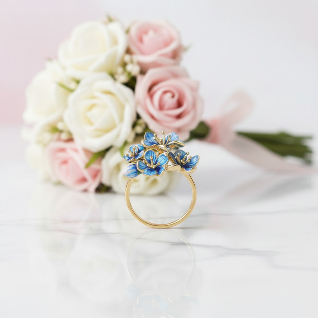 Exquisite Enamel Flower Ring-Black Diamonds New York