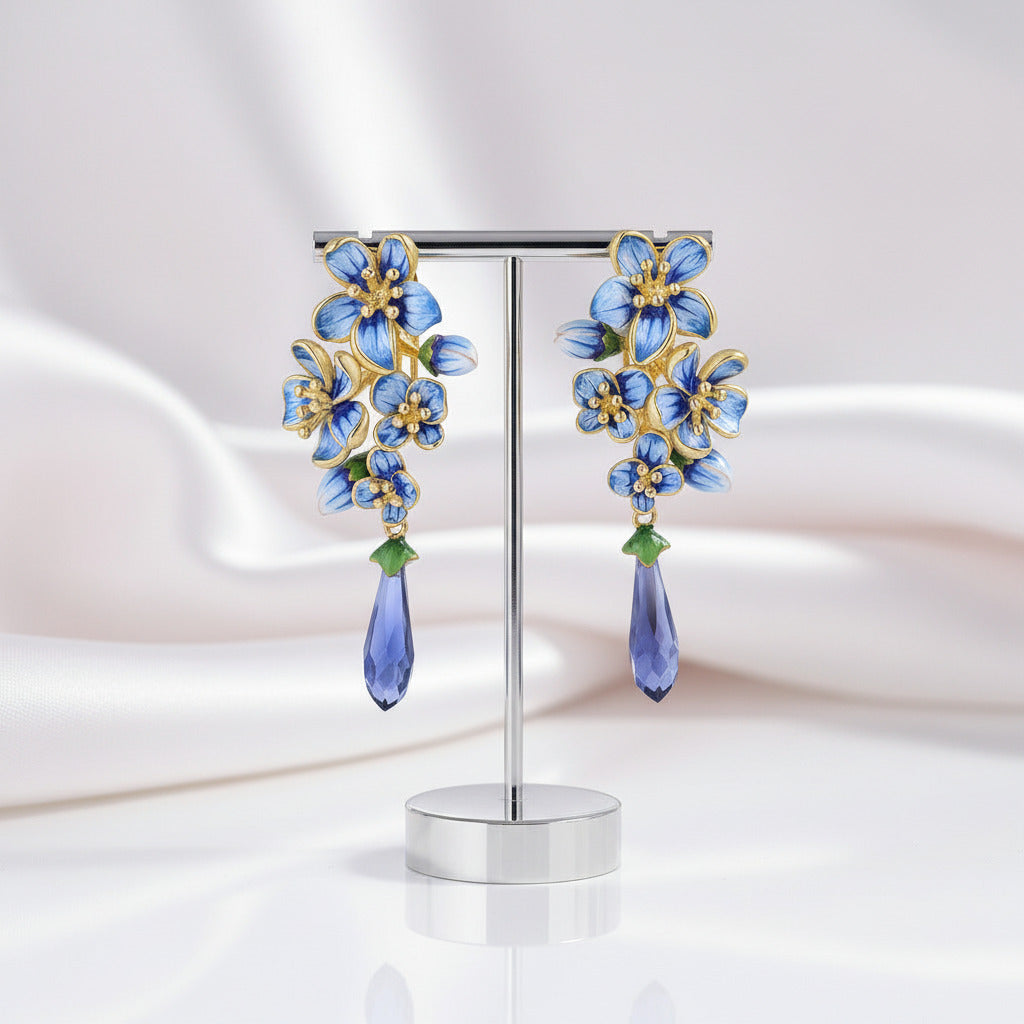 Exquisite Enamel Flowers Drop Earrings-Black Diamonds New York