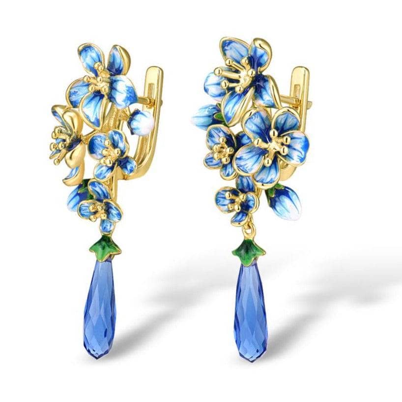 Exquisite Enamel Flowers Drop Earrings-Black Diamonds New York