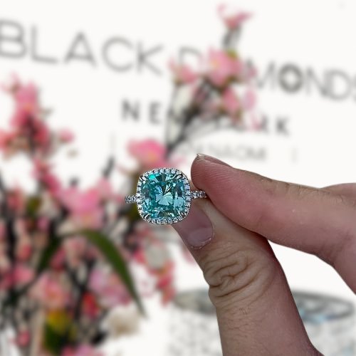 Exquisite Halo Cushion Cut Blue Moissanite Engagement Ring - Black Diamonds New York